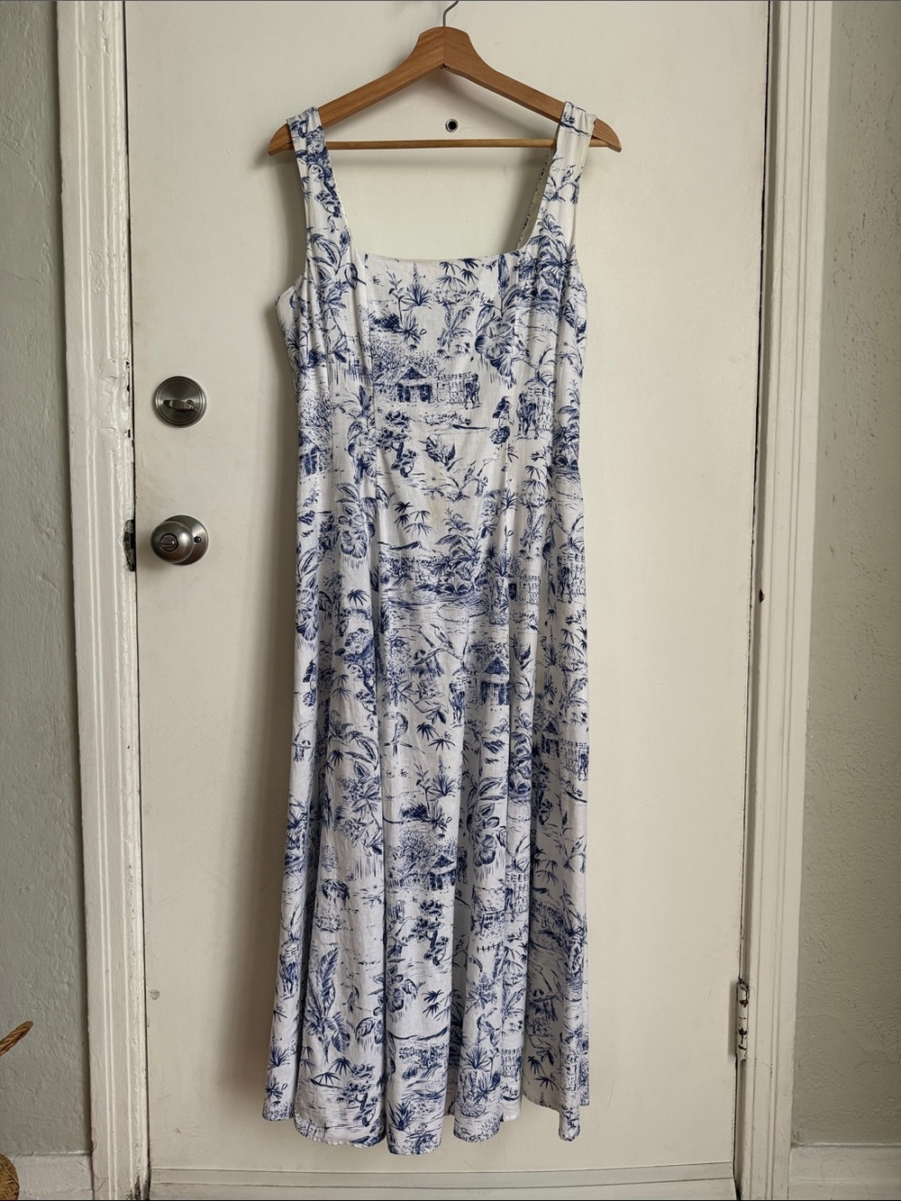Blue & White Toile Maxi Sundress with Square Neck